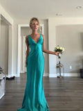 Simple Mermaid V-neck Turquoise Blue Satin Long Prom Dresses Formal Party Dress Prom Gown HZ0311