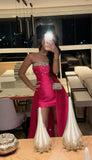 Classy Sheath Strapless Hot Pink Satin Prom Dresses With Silver Beads Party Gowns Long Evening Dress HZ0311