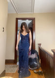 Elegant Mermaid Spaghetti Straps Sleeveless Navy Blue With Lace Long Sequins Prom Dresses Vestidos De Dia HZ0311