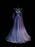 Vintage A Line Spaghetti Straps Grape Tulle With Beadings Floor Length Inspiration Long Prom Dresses HZ0311