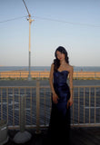 Special Sheath Strapless Dark Navy Blue Satin Beads Sequin Sleeveless Long Prom Dresses Inspo Prom Gown HZ0311