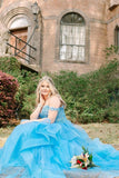 Cute Ball Gown Off The Shoulder Light Sky Blue Lace Tulle Prom Dresses Party Dress Birthday Outfits Graduation Dress HZ0311