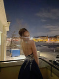 Special A Line V Neck Dark Navy Blue Satin Silver Beads Sequin Sleeveless Long Prom Dresses Inspo Prom Gown HZ0311