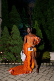 Modest Senior Prom Dresses High Schools Inspo Mermaid Orange Sequins Slit For Black Girls Semi Formal Grad Long Prom Dresses HZ0311