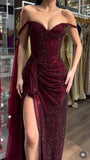 Glamorous Dark Off The Shoulder Burgundy Sequined Long Slit Prom Dresses Mermaid With Beads HZ0311