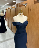 Navy Blue Off-the-shoulder Sweetheart Short Sleeves Long Mermaid Prom Dress Birthday Outfits HZ0311