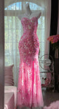 Mermaid Coral Formal Dresses Tulle Sequin Sweetheart Neck Long Prom Dresses Coral Evening Dresses HZ0311