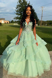 Elegant Sage Prom Dress Floral Tiered Ruffles Ball Gown Sweetheart Corset Long Formal Dress HZ0311