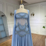 Classy A Line Strapless Blue Chiffon Beaded Prom Dresses Formal Dress 20th Birthday Outfits Prom Gown HZ0311