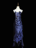 Vintage Night Aesthetic A Line Spaghetti Straps 80s 70s Navy Blue Teens College Formal Outfit Long Prom Graduation Dresses HZ0311