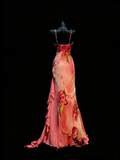 Vintage Mermaid Spaghetti Straps Floral Chiffon With Beadings Floor Length Inspiration Long Prom Dresses HZ0311