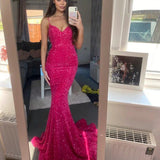 Modest Mermaid Prom Dresses for Women Spaghetti Straps Evening Party Gown Hot Pink Sequin Formal Gown 18th Birthday Gowns HZ0311