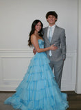 Classy Ball Gown Sweetheart Light Blue Chiffon With Slit Split Long Prom Dress Aesthetic For Teens Formal Party Outfits Prom Gowns HZ0311