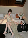 Glitter Mermaid High Low Halter Champagne With Beaded Crystals Prom Dress Aesthetic Long Graduation Evening Outfits HZ0311