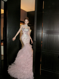 Luxury Mermaid Jewel Neck Pink Tulle With Corset Fitted Back Beaded Bodice Prom Dresses Aesthetic Long Graduation Evening Outfits HZ0311