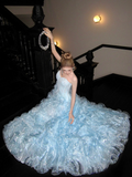 Modest Ball Gown Off The Shoulder Blue Organza With Long Cape Sleeves Tiered Layered Prom Dress Aesthetic Long Graduation Evening Outfits HZ0311