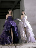 Princess High Low Strapless Purple Satin With Lace Prom Dresses Long Party Dress Grad Formal Evening Gowns HZ0311