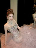 Luxury Mermaid Jewel Neck Pink Tulle With Corset Fitted Back Beaded Bodice Prom Dresses Aesthetic Long Graduation Evening Outfits HZ0311