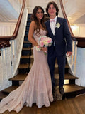 Shiny Blush Pink Sequins Mermaid Spaghetti Straps Long Beaded Prom Dress Party Gowns HZ0311