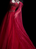 Elegant Ball Gown Sweetheart Red Tulle With Cape Beadings Floor Length Inspiration Long Prom Dresses HZ0311