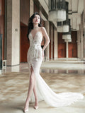 Fairytale Fantasy Art Wedding Dresses Mermaid Sweetheart White Lace Long Brides Dress Fitted Bridal Gowns HZ0311