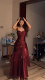 Fashion Burgundy Ruffle Long Prom Dresses Spaghetti Straps Dance Dress HZ0311