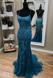 Dark Blue Mermaid Spaghetti Straps Appliques Formal Prom Dress HZ0311