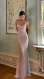 Simple Pink Mermaid Straps Sequin Prom Dresses With Split HZ0311