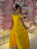 Gorgeous Yellow Sheath Off The Shoulder Yellow Satin High Slit Prom Dresses With Scarf HZ0311