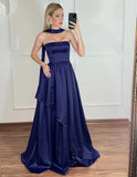 Gorgeous A line Strapless Sleeveless Navy Blue Satin Long Prom Dresses With Scarf HZ0311