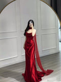 Simple Mermaid Strapless Satin Burgundy With Scarf Formal Gowns Evening Maxi Prom Dress Bodycon For Women Party Outfits HZ0311