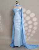 Simple Mermaid Strapless Satin Blue With Scarf Formal Gowns Evening Maxi Prom Dress Bodycon For Women Party Outfits HZ0311