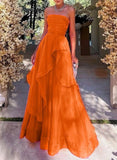 Evening Dresses Elegant Strapless Sleeveless Tiered Ruffle A-Line Floor-Length Tulle Evening Dresses HZ0311