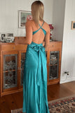 V-neck Turquoise Back Tie Sheath Long Prom Dresses Formal Party Dress Prom Gown HZ0311