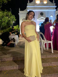 Simple A Line Strapless Yellow Chiffon With Scarf Long Prom Dresses Impress Wedding Guest Dress Party Gown HZ0311