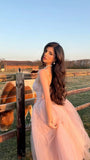 Simple A line Spaghetti Strap Pink Tulle Prom Dresses For Teens Formal Dress Party Outfits Prom Gowns HZ0311