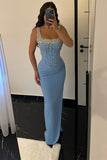 Dazzling Blue Square Straps Sleeveless Satin Prom Dresses Mermaid Sheath With Gem HZ0311