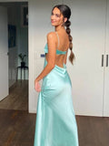 Spaghetti Straps Sheath Aqua Blue Prom Dress Formal Satin Party Dress HZ0311