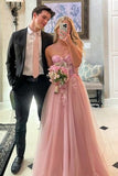 Pink A-Line Strapless Empire-Waist Appliques Tulle Long Prom Dress Party Dresses HZ0311