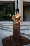 Elegant Sparkle Brown Mermaid Court Train V-neck Sleeveless Prom Dresses For Women HZ0311
