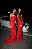 Gorgeous Mermaid Off The Shoulder Red Sequins Beaded Bodice Prom Dresses Long Formal Party Gown HZ0311