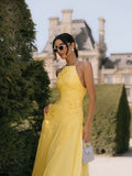 Modest A line Butter yellow floral prom dress sleeveless chiffon prom gowns HZ0311