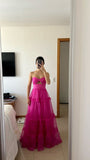 Classy A Line Sweetheart Tulle Hot Pink Sleeveless Long Prom Dresses Classy Prom Party Gowns HZ0311