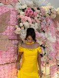 Gorgeous Yellow Sheath Off The Shoulder Yellow Satin High Slit Prom Dresses With Scarf HZ0311