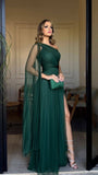 Women's Cocktail Party Gowns A line One Shoulder Dark Green Tulle With Slit Pleated Long Graduation Dinner Outfit Prom Dresses HZ0311