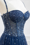 Modest A line Spaghetti Straps Navy Blue Tulle With Silver Beads Prom Dresses Long Party Dress Evening Dresses HZ0311