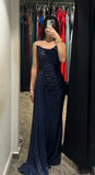 Modest Mermaid Strapless Navy Blue Sequin Long Prom Dresses For Teens Formal Dress Party Outfits Prom Gowns HZ0311