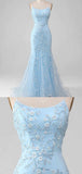 Floral Blue Mermaid Spaghetti Straps Maxi Long Party Prom Dresses Vestidos De Dia HZ0311