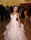 Unique Blush Pink Tulle Lace Appliqued V-Neck Ball Gown Long Prom Dresses Vestidos De Dia HZ0311
