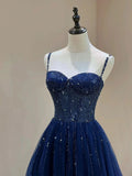 Stylish Navy Blue Spaghetti Straps Tulle Beading Prom Dress Evening Formal Dresses Vestidos De Dia HZ0311